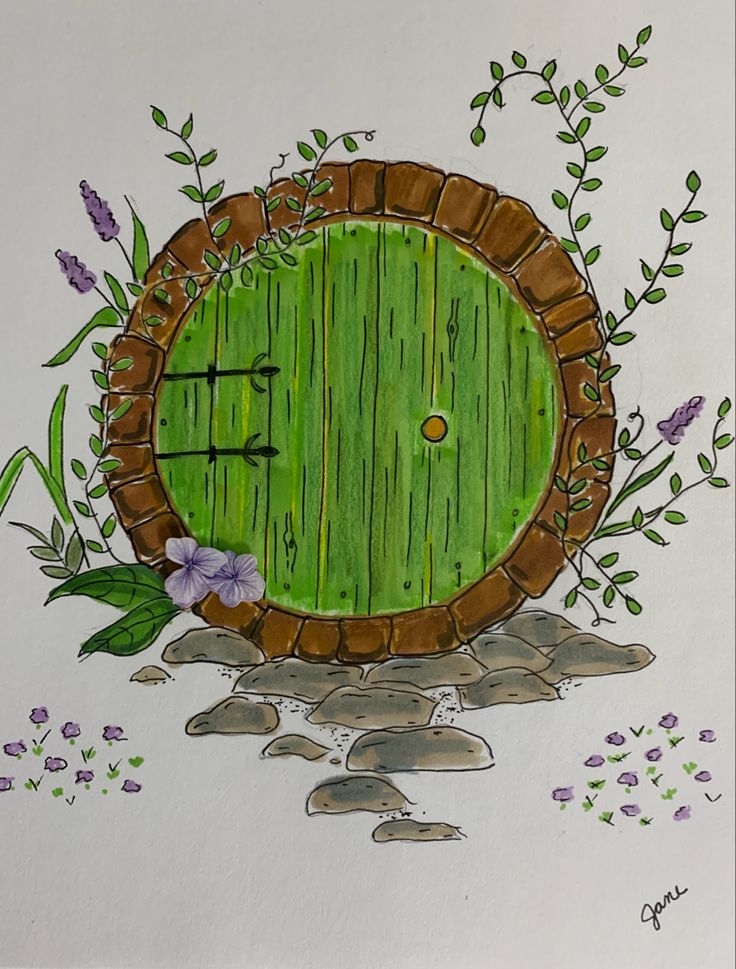 a drawing of a green door surrounded by rocks and plants with purple flowers around it