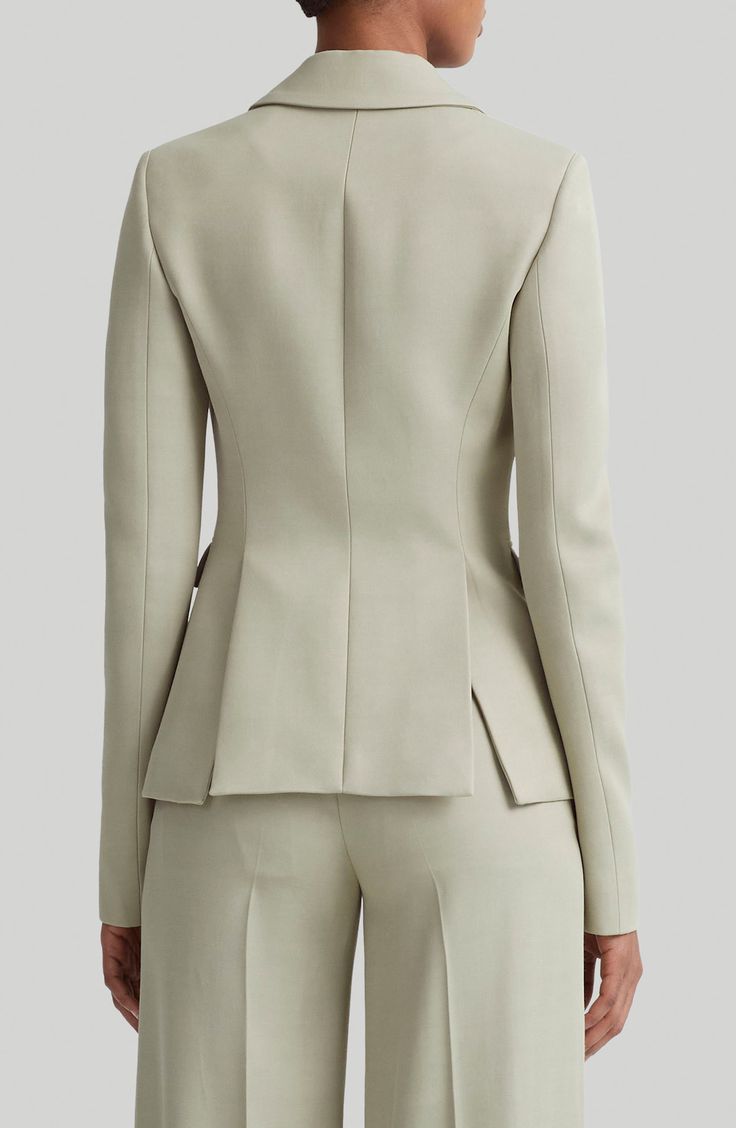 This tailored-fit blazer made from a wool-enriched crease-resistant fabric is framed by signature structured shoulders. 27" length (size 8US/40FR) Two-button closure Notched lapels Chest welt pocket; front flap pockets Side vents Lined 86% viscose, 14% wool Dry clean Made in Italy Designer Clothing Designer Blazer With Concealed Front Fastening, Designer Formal Blazer With Concealed Front Fastening, Structured Blazer For Formal Occasions, Notch Lapel Blazer With Concealed Front Fastening, Semi-formal Structured Blazer, Tailored Structured Blazer For Semi-formal Occasions, Chic Structured Blazer With Concealed Front Fastening, Elegant Blazer With Notch Lapel And Concealed Fastening, Modern Blazer With Structured Boning For Office