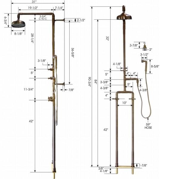 an image of a shower head and handset with measurements for the faucet