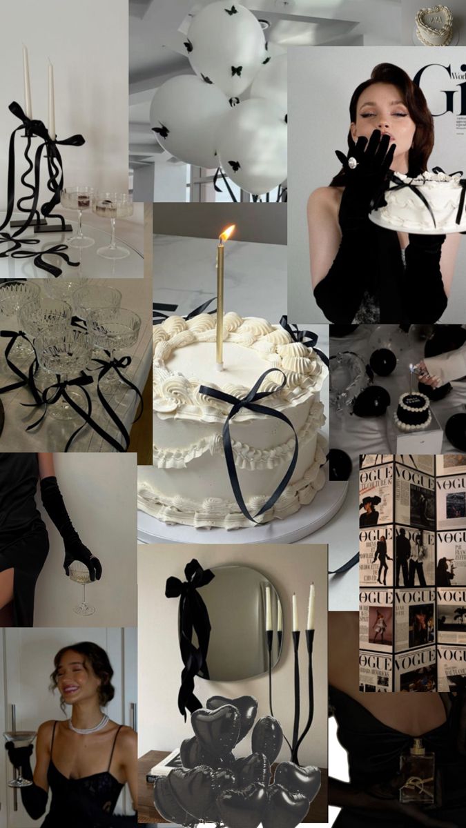 a collage of black and white photos with woman in front of cake, candles on table