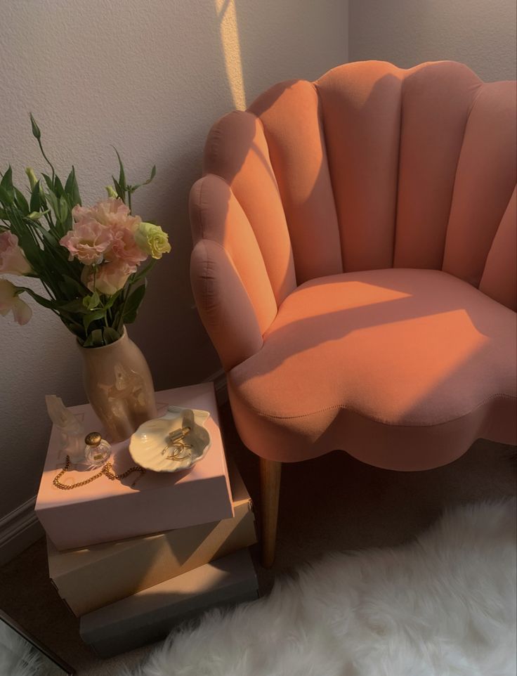 Interior design  - chair goals Pink Velvet Chairs Living Room, Pink Scallop Chair, Pink Accent Chair Bedroom, Light Pink Velvet Couch, Pink Comfy Chair, Chairs For Bedroom Cozy Corner Pink, Pink Chair Bedroom Corner, Light Pink Armchair, Coral Accent Chair