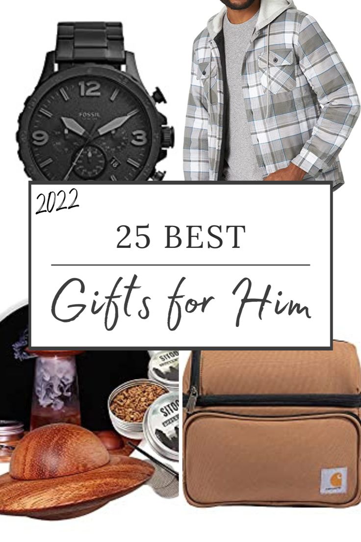 a man standing next to a watch and bag with the words 25 best gifts for him