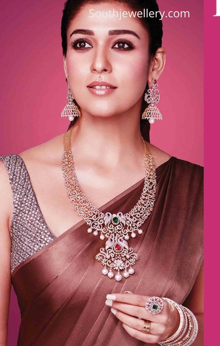 Nayanthara in a diamond haram paired with diamond jhumkas, bangles and ring by Tanishq jewellery. nayanthara jewellery ad Nayanthara Photos, Diamond Haram, Tanishq Jewellery, Diamond Necklace Indian, Pearl Bangles, Indian Diamond Jewellery, Salwar Pattern, Diamond Jewelry Set, Gold Necklace Indian Bridal Jewelry