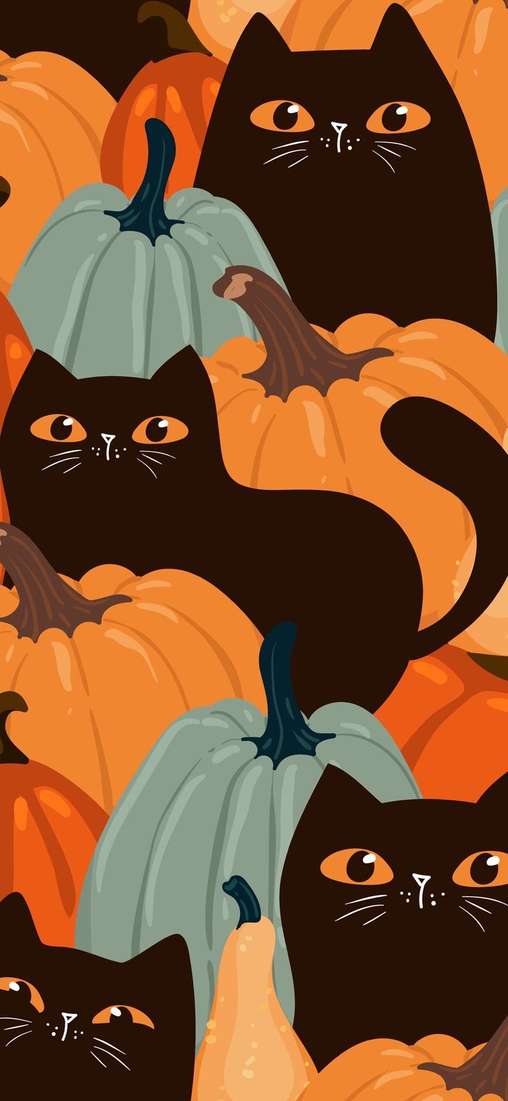 black cats with pumpkins in the background