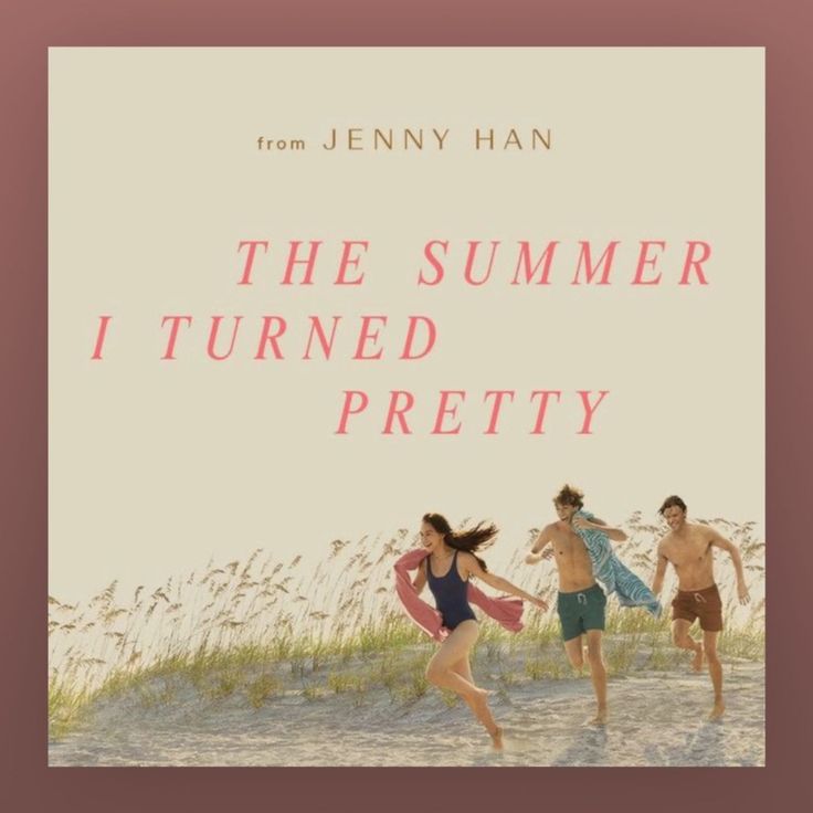 three young people running on the beach in front of an advertisement for jenny han's summer i turned pretty