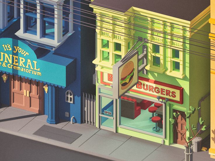 an image of a street scene with buildings painted in the same color as each other