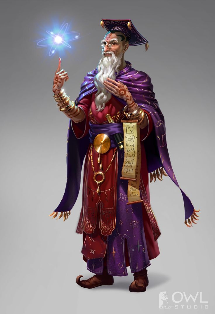 the wizard is holding his magic wand in one hand and wearing a purple outfit with gold trimmings