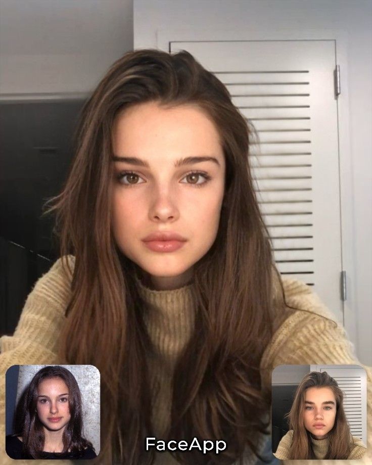 a woman with long brown hair is looking at the camera and has three different facial expressions