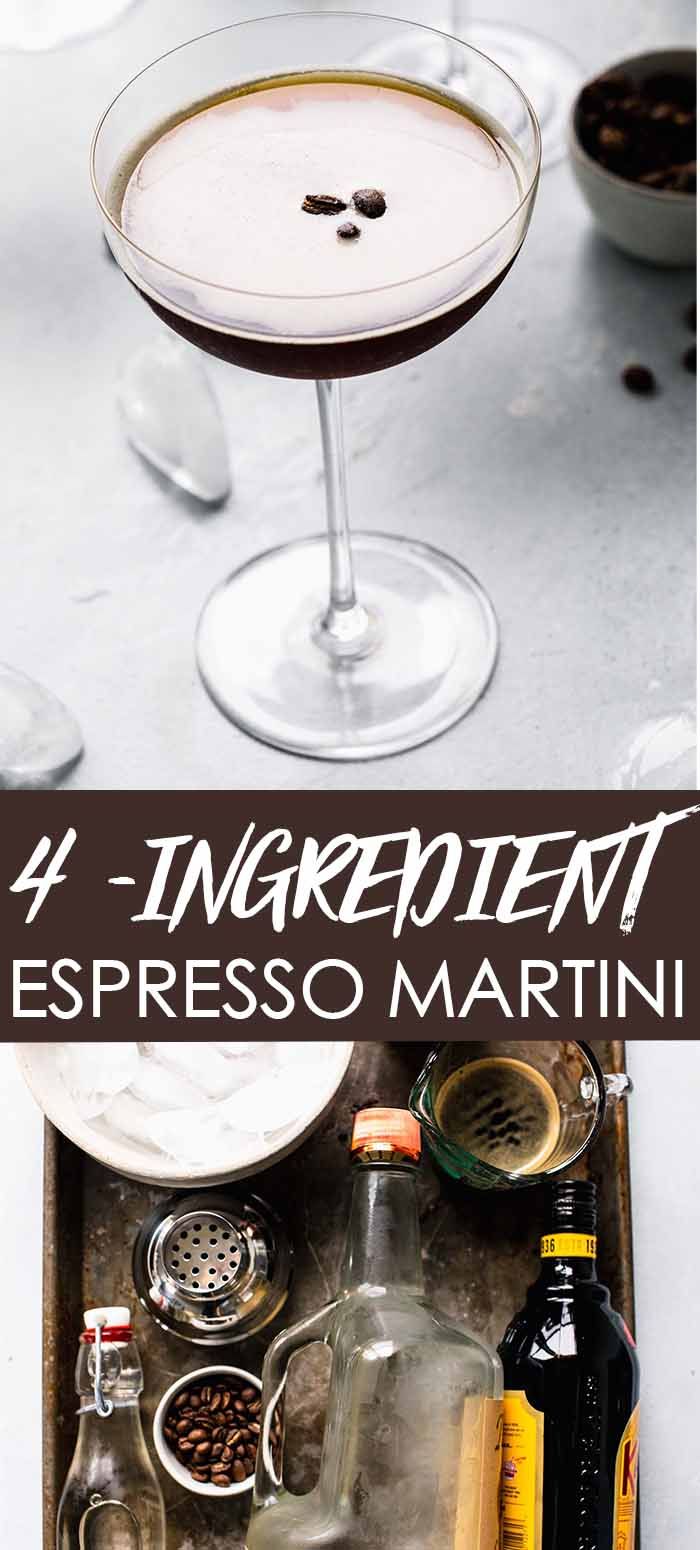 the ingredients for an espresso martini are shown in three separate glasses and on top of each other