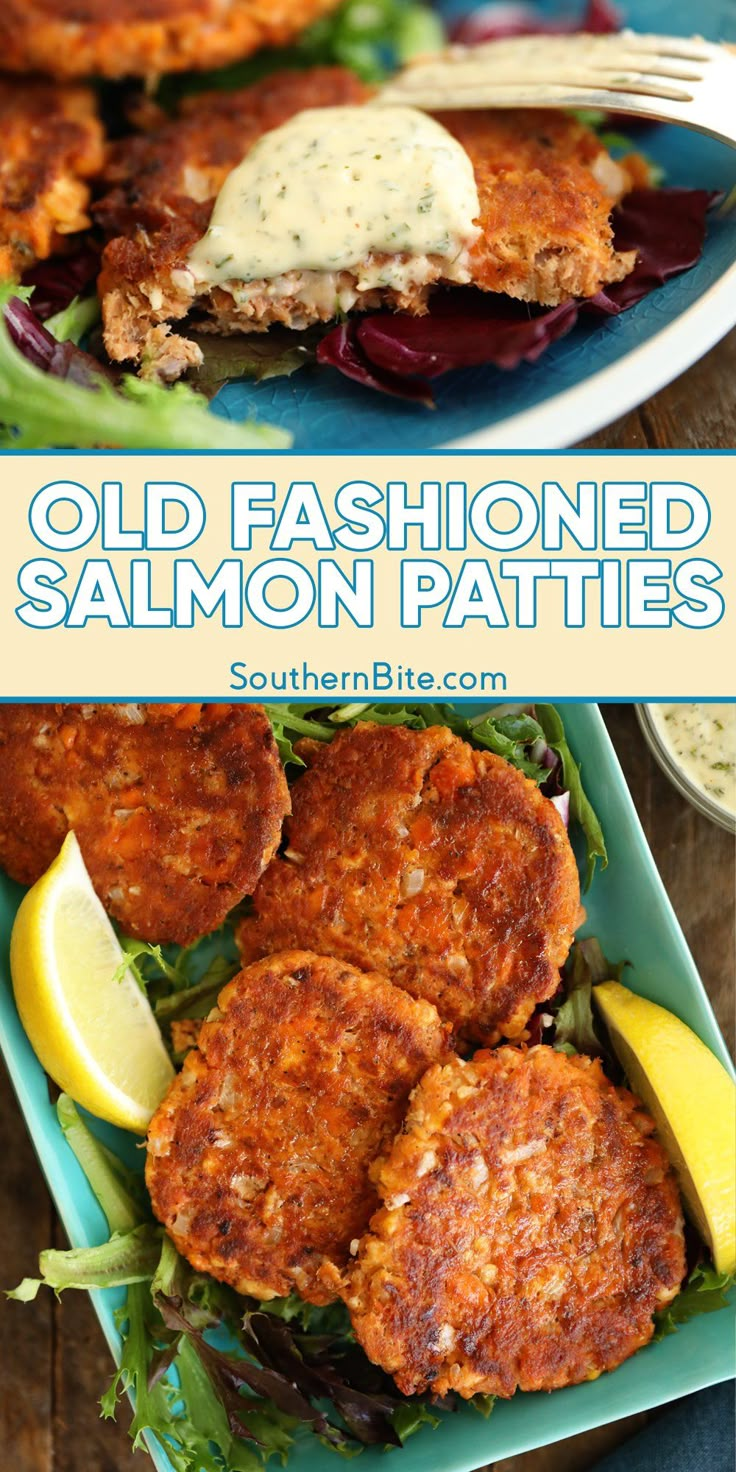 two plates filled with crab cakes on top of green lettuce and lemon wedges