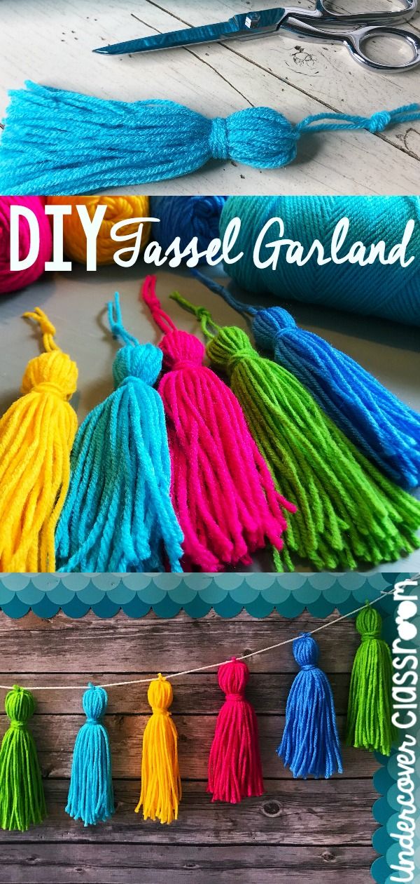 yarn tassell garland with scissors on the side and text overlay that says diy tassell garland