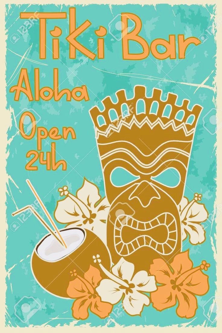 a tiki bar poster with an image of a mask and coconuts on it