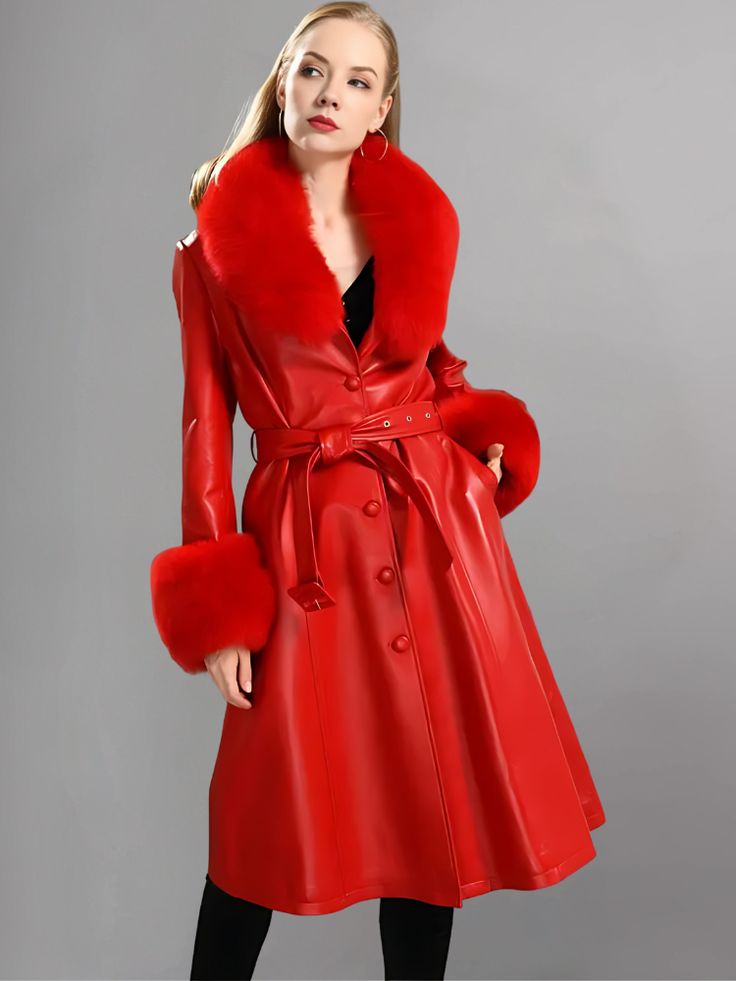 Experience Luxurious Warmth and Bold Style with the Faux Fur Genuine Leather Coat in Red! Indulge in the perfect blend of elegance and comfort with the Faux Fur Genuine Leather Coat in Red. This exquisite coat is designed to make a lasting impression, combining the sumptuousness of faux fur with the allure of genuine leather in a striking and bold red hue. Crafted with meticulous attention to detail, it is a must-have for anyone seeking a luxurious and fashion-forward outerwear option. The Faux Red Leather Winter Outerwear, Elegant Leather Jacket With Faux Fur Lining For Fall, Elegant Winter Leather Jacket With Belt, Elegant Belted Leather Jacket For Winter, Chic Leather Fur Coat For Fall, Elegant Leather Fur Coat For Winter, Elegant Red Long Coat Outerwear, Elegant Long Red Coat, Classic Leather Fur Coat