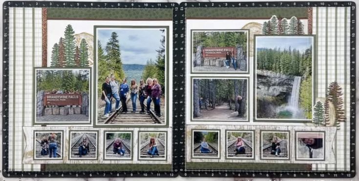 a scrapbook with pictures of people standing on train tracks and trees in the background