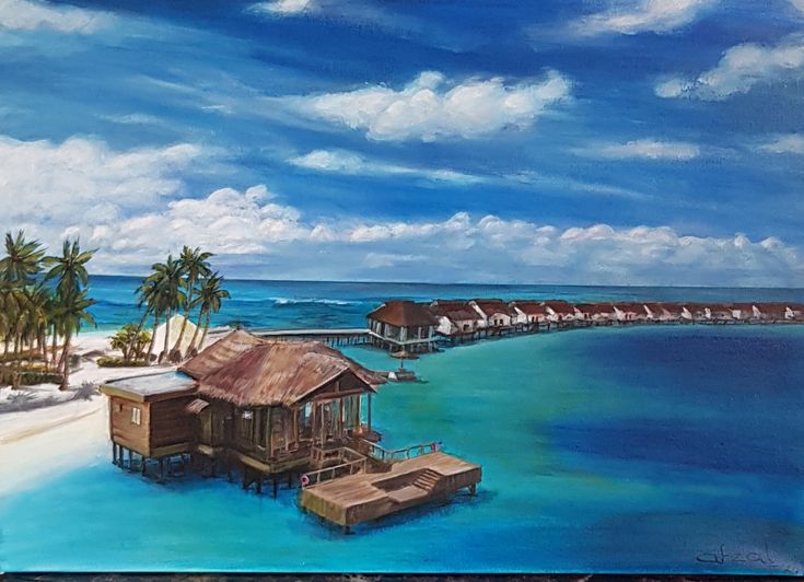 an oil painting of a tropical island with houses and palm trees on the beach,