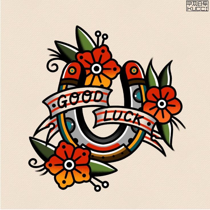 an old school tattoo design with flowers and the word good luck written in red ink