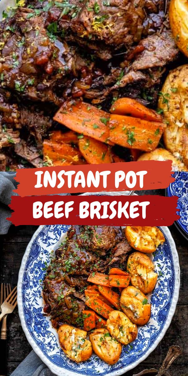 the instant pot beef brisket is served on a blue and white plate with carrots