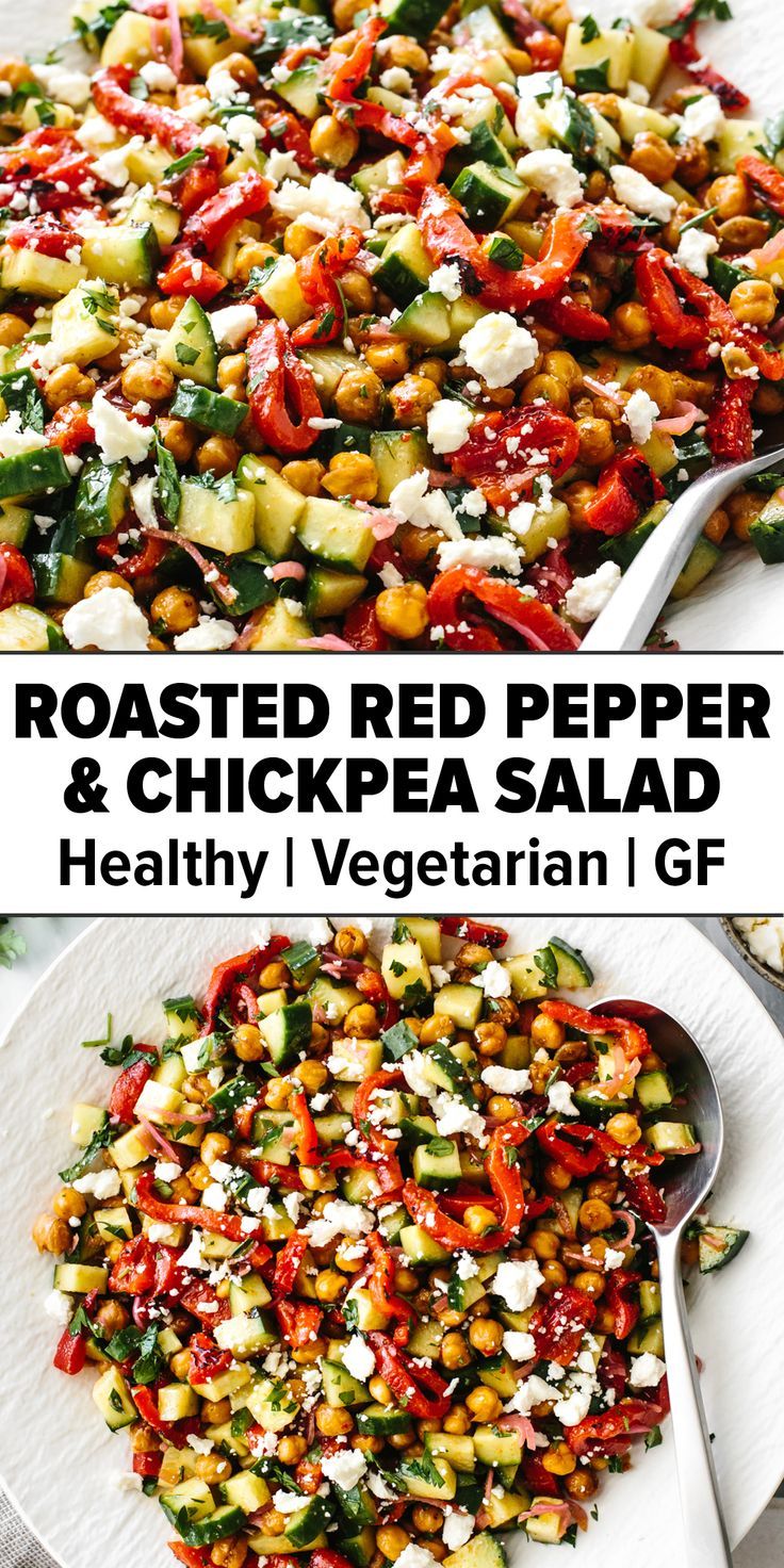 Roasted red pepper and chickpea salad Salad With Roasted Red Peppers, Roasted Pepper Recipes, Roasted Red Peppers Recipes, Roasted Chickpea Salad, Red Pepper Recipes, Chickpea Salad Recipe, Easy Summer Dinner, Roasted Chickpea, Salad Vegetarian