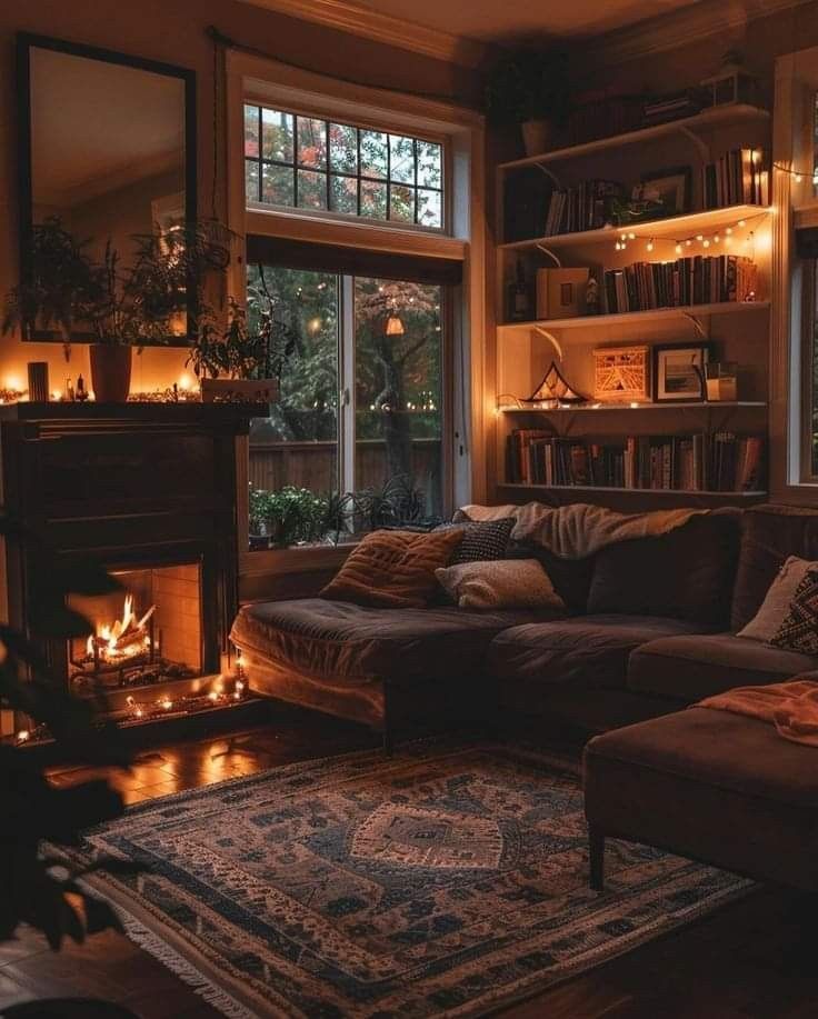 a living room filled with furniture and a fire place next to a large open window