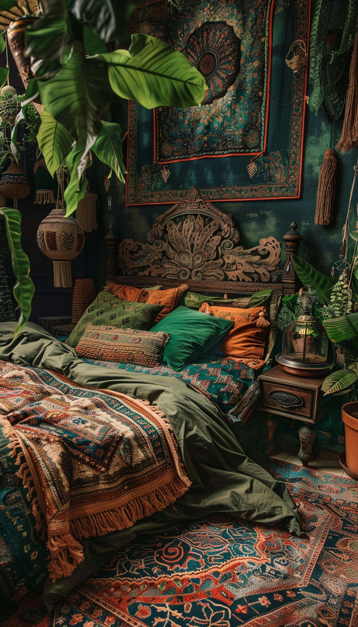 a bed with lots of pillows and blankets in a room filled with potted plants