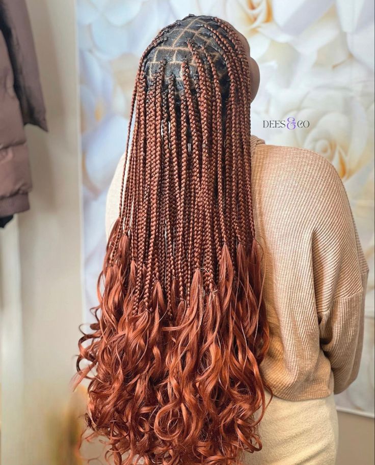 Box Braids Hairstyles With Curls And Color, Ginger Braids With French Curls, Ginger French Curl Braids Black Women, Knotless Braid With Curly Ends, Medium Box Braids With French Curls, Ginger French Curl Knotless Braids, Big French Curl Box Braids, French Curls Braids Big, Large Knotless French Curl Braids