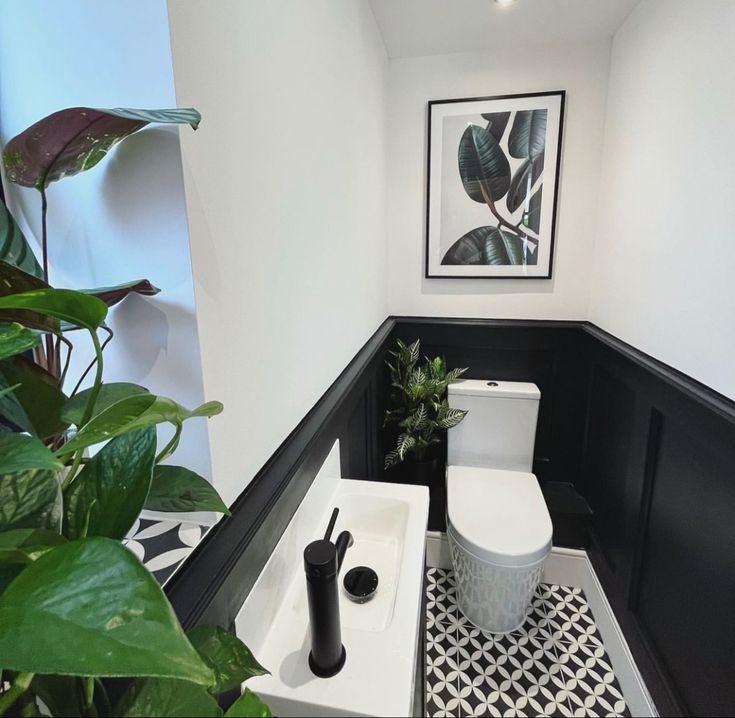 a white toilet sitting next to a plant in a bathroom