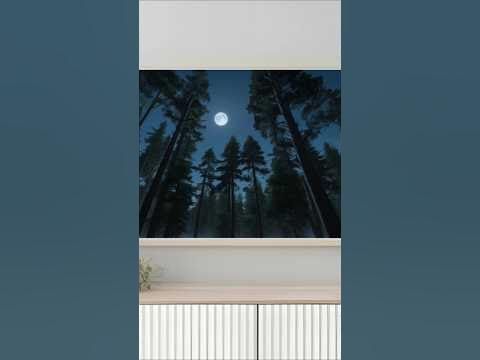 the moon shines brightly through the trees in the night sky as seen from inside a window