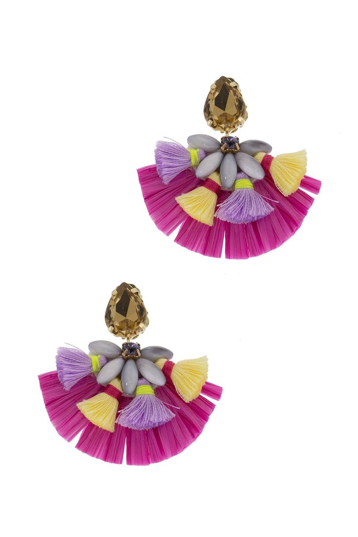 When you wear our Multi Tassel Fiesta Earrings, you are the life of the party. This playful design features polyester tassels on our bright raffia ribbon fan and comes to life with shining glass beads and stones. The studded backs will secure the sparkling stones right where they should be. Wear as a pair or match with the Fiestal Floral Necklace! Materials: Raffia, Mother of Pearl Bead, Polyester Tassel, Glass Bead, Glass Stone, Brass Setting, Polyester Cord, Iron Clasp, Iron Jump Ring Size: 2. Spring Beach Tassel Earrings, Multicolor Beaded Tassel Earrings For Beach, Multicolor Tassel Earrings For Summer Beach, Multicolor Tassel Earrings For Beach In Spring, Summer Gift Tassel Earrings, Spring Beach Tassel Drop Earrings, Spring Beach Earrings With Fringe, Trendy Beaded Tassel Earrings For Summer, Elegant Multicolor Tassel Earrings For Party