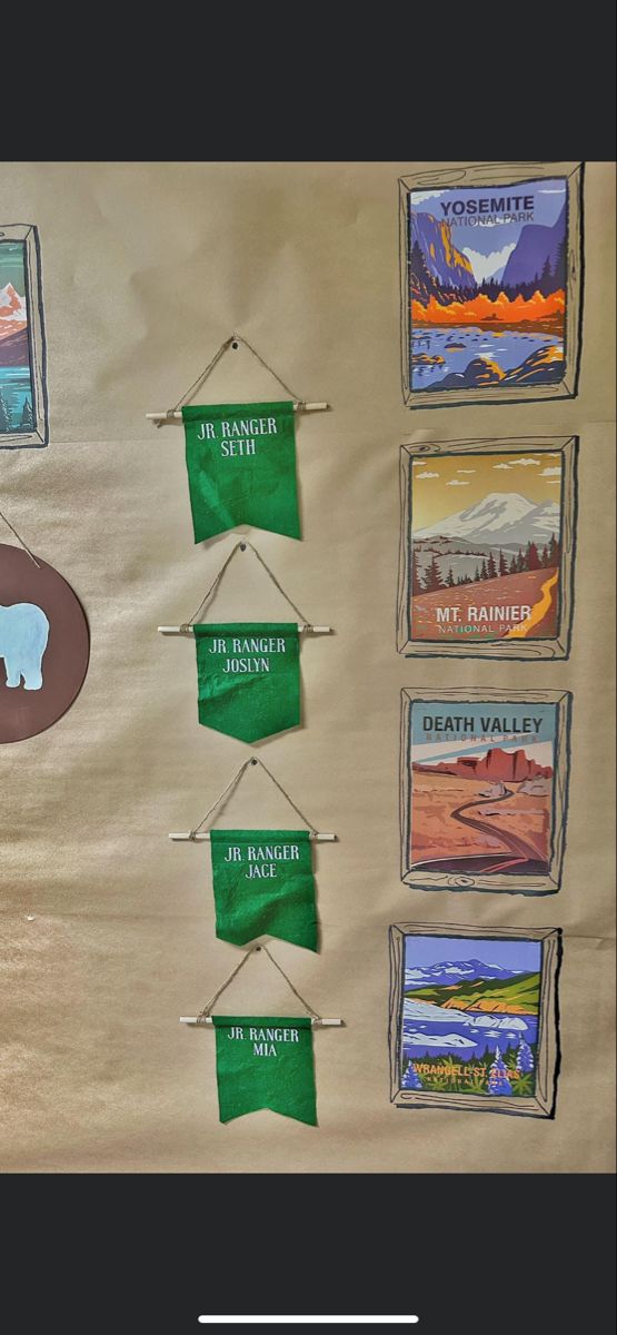 a bulletin board with some pictures hanging from it's sides and the words yosemite on them