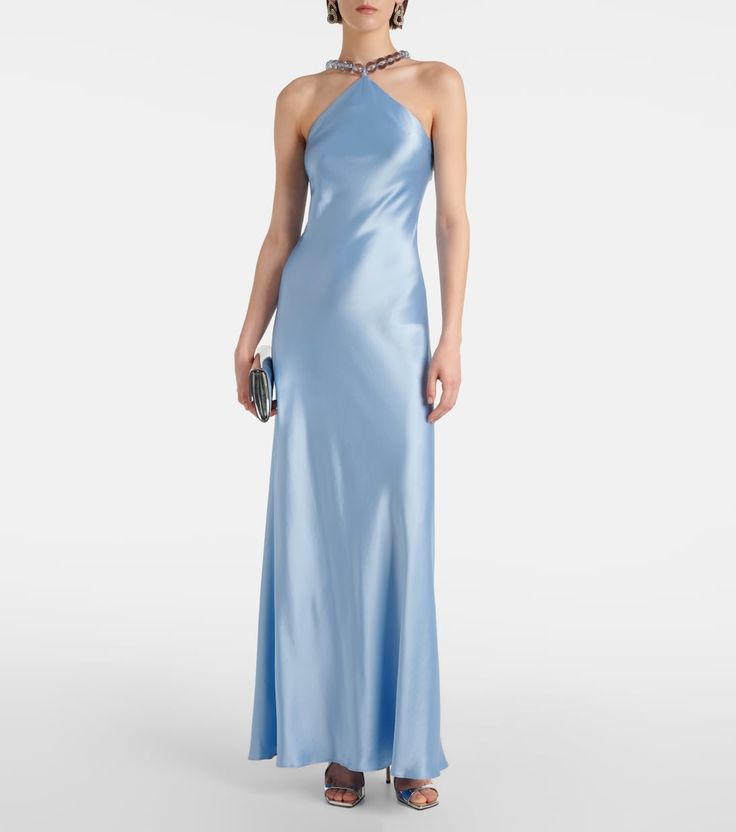 Cadence beaded satin gown in blue - Staud | Mytheresa Luxury Satin Gown For Evening, Silk Maxi Dress For Prom Evening, Luxury Satin Finish Gown For Party, Luxury Satin Finish Party Gown, Silk Evening Gown For Prom, Glamorous Silk Prom Gown, Luxury Satin Maxi Dress For Prom, Glamorous Silk Gown For Prom, Formal Floor-length Evening Dress With Satin Lining