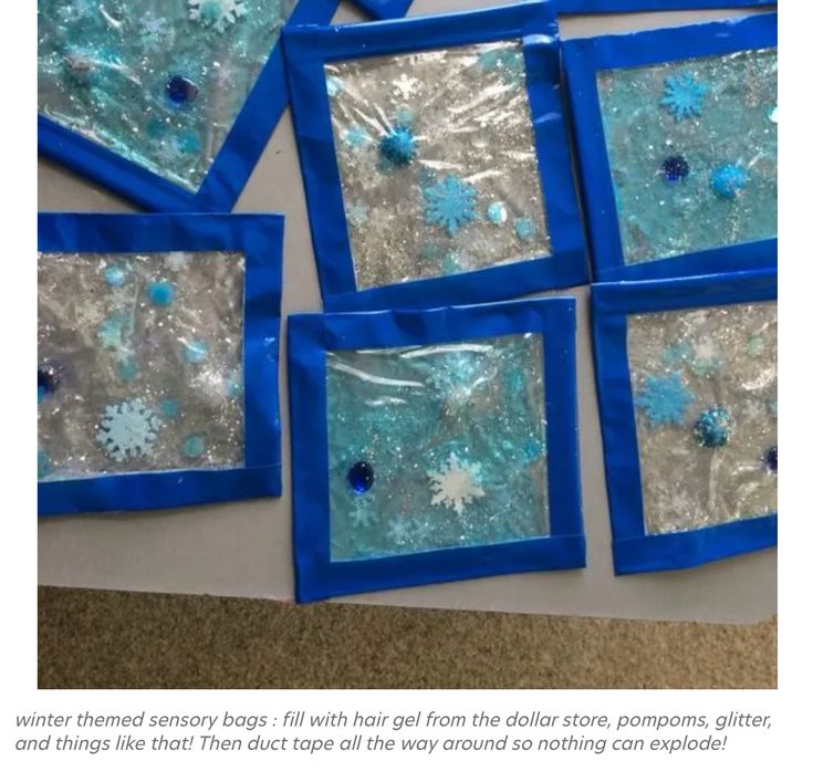 snowflakes are shown in blue plastic bags