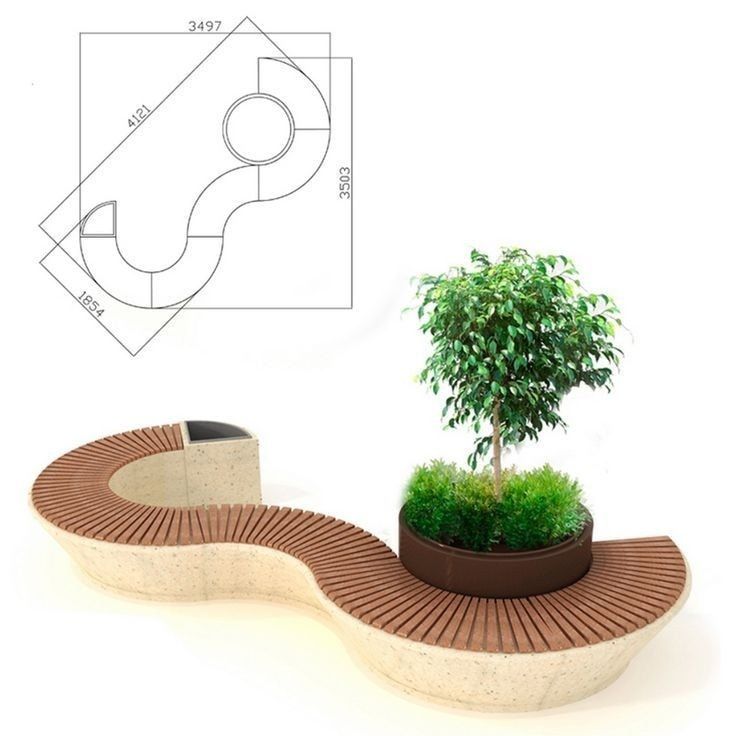 a planter sitting on top of a wooden bench next to a potted tree