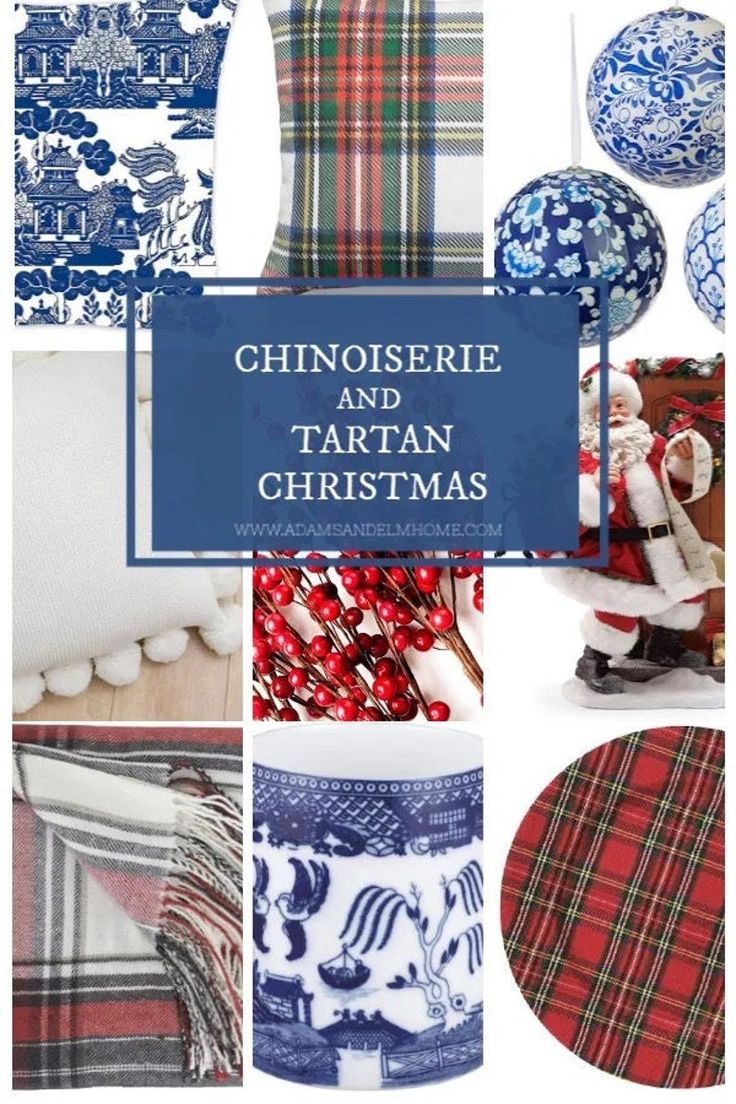 blue and white plaid christmas decor with text overlaying the image, which reads chinoiserie and tartan christmas