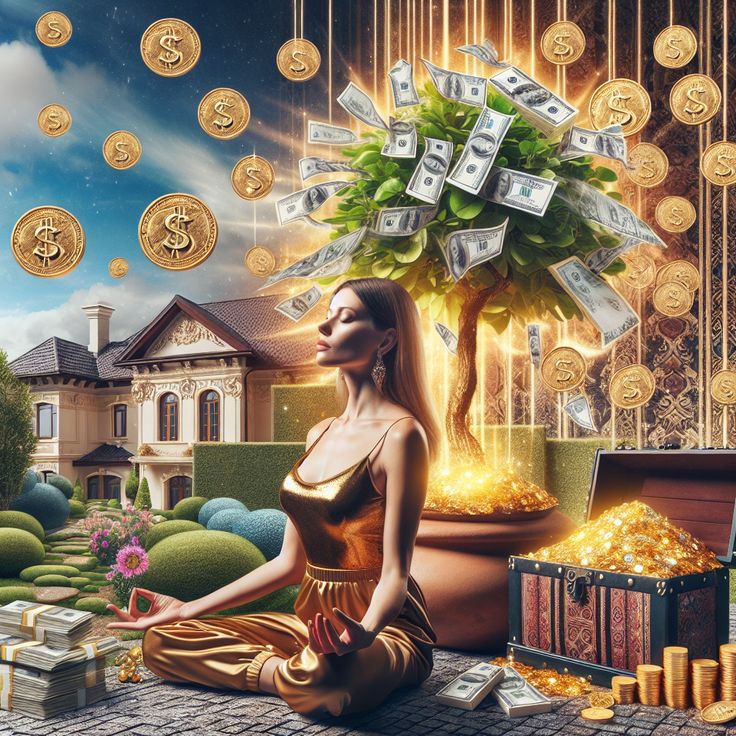 Experience the power of manifestation with our vibrant image of overflowing wealth. It features a meditator, with an aura speckled with treasures, showing money manifesting from thought. Learn more about wealth manifestations below! #WealthManifestation #LawOfAttraction #Meditation #FinancialFreedom #PositiveThinking #Visualisation Money Overflow, Vision Board Wealth, Money 2025, Manifestation Images, Vision Board Money, Power Of Money, Wealth Vision Board, Dollars Money Wallpaper, Zodiac Leo Art