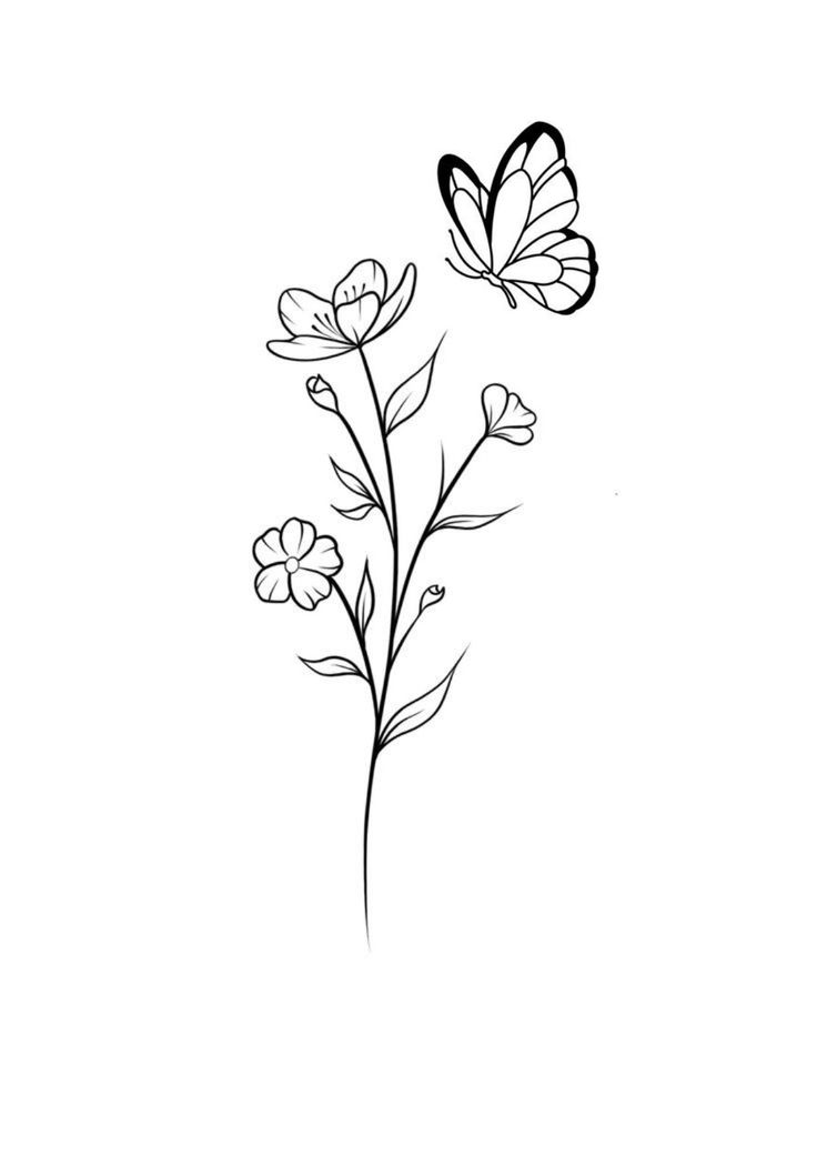 Small Butterfly Flower Tattoo, Lily Tattoo Design Simple, Whimsical Floral Tattoo, Simple Floral Tattoo Design, Breast Tattoos For Women Middle, Floral Butterfly Tattoo Design, Flower And Butterfly Tattoo, Flowers Tattoo Design, Rose And Butterfly Tattoo