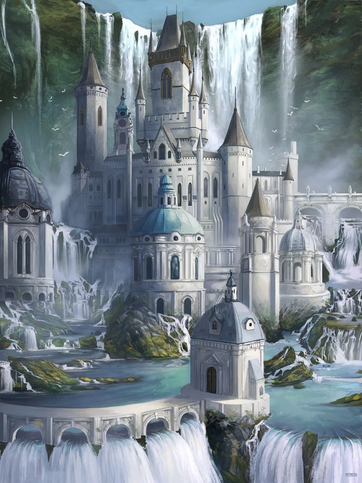 an artistic painting of a castle surrounded by waterfalls