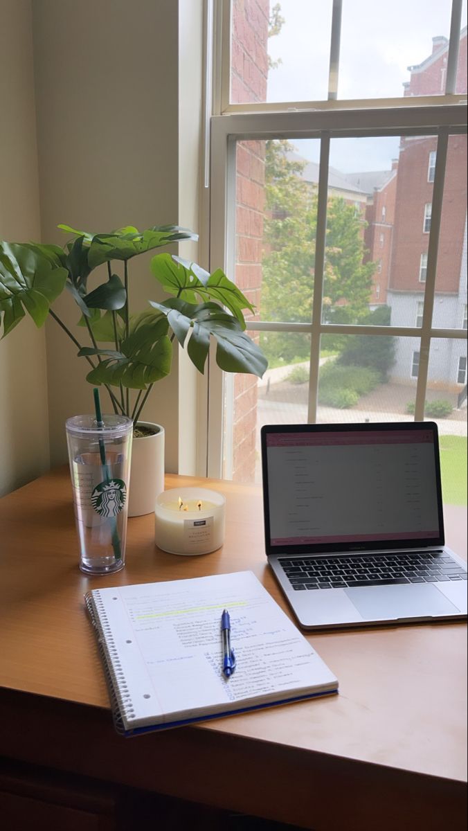 a laptop computer sitting on top of a wooden desk next to a vase with a plant