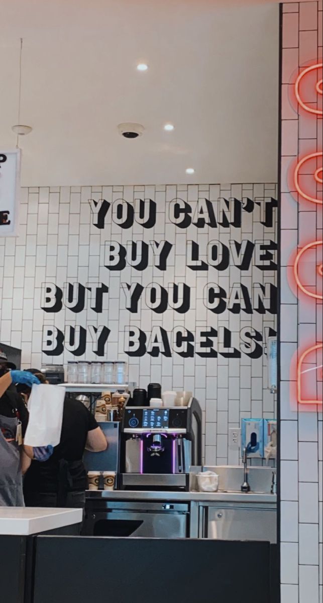 #bagels #food #airport #boutique #sign #phrase #jobs #neon sign #delicious #Nutella #cheese #flavors Bagel Store Design, Bagel Shop Interior Design, Bagel Shop Ideas, New York Bagel Shop, Bagel Shop Interior, Bagel Shop Aesthetic, Bagel Wall, Bagel Company, Bagel Store