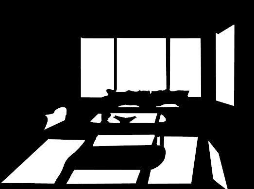 a black and white photo of a room with windows