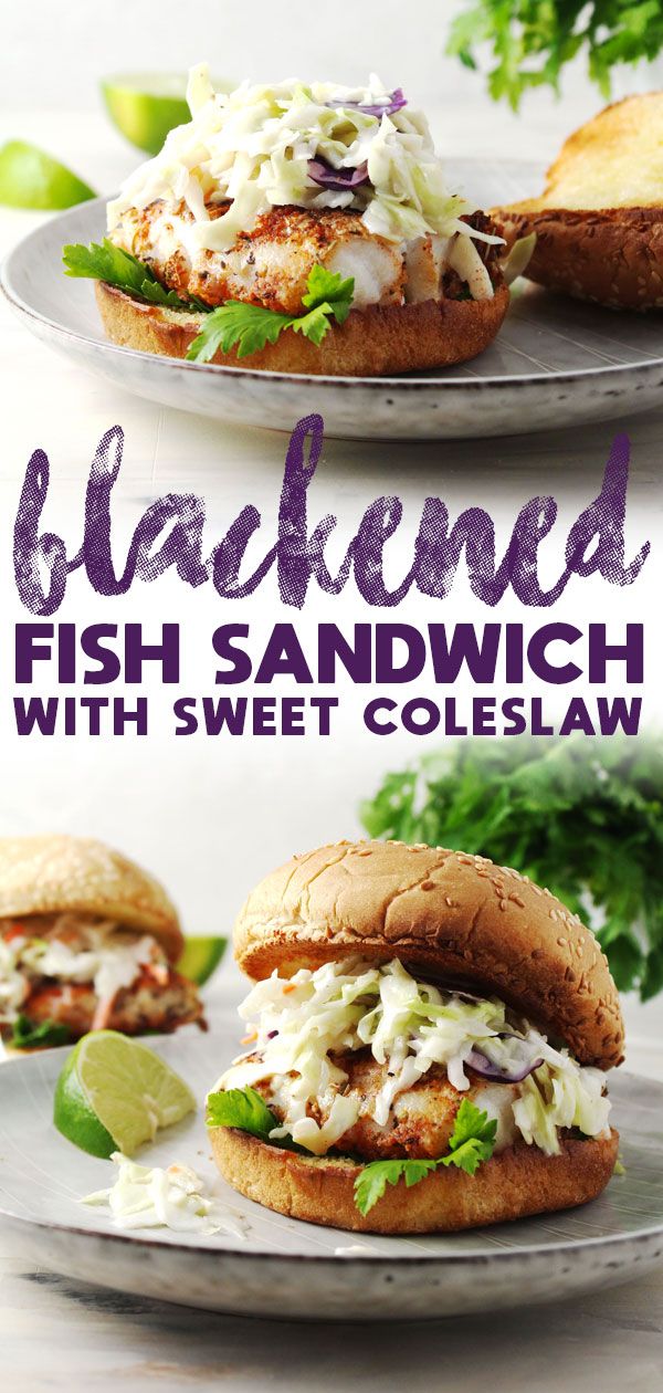 fish sandwich with sweet coleslaw and slaw on two plates, one is cut in half