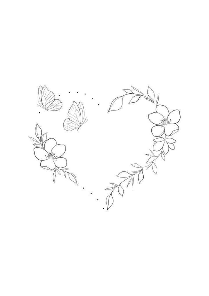 the outline of a heart with flowers and butterflies on it, as well as some leaves