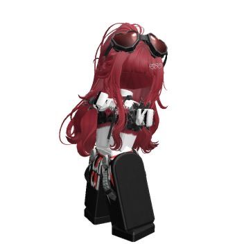 a woman with red hair and goggles holding a suitcase