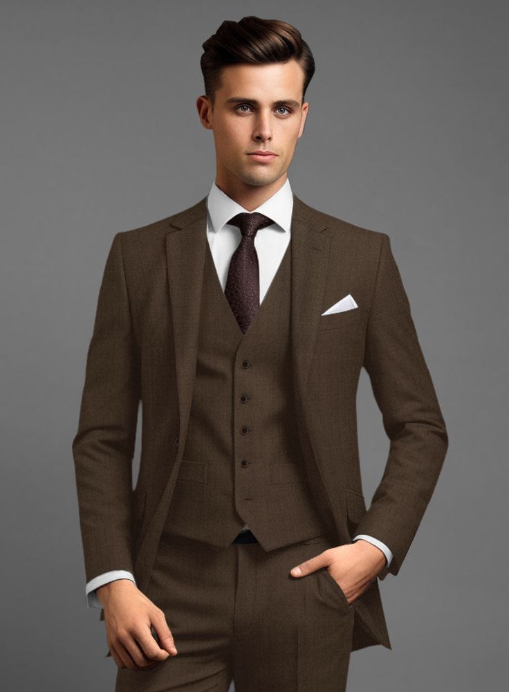 For everyday wear during colder months, there is no finer choice than our Scabal Brown Wool suit. Crafted from pure wool, the scabal suit is a versatile go-to garment that is reliably warm and breathable, drapes well and holds a decent silhouette even after years of use.   Look Includes  Scabal Brown Wool Fabric  Two Button Jacket Style  Notch Lapel  Horn Brown Buttons  Single Vent  Three Cuff Buttons  Two Welted Back Pockets on Trousers    Click 'Customize Now' to modify the look if needed. Grey Tweed Suit, Herringbone Tweed Jacket, White Linen Suit, Green Velvet Jacket, Peaky Blinders Suit, Royal Blue Suit, Blue Chinos, Beautiful Suit, Tweed Suits