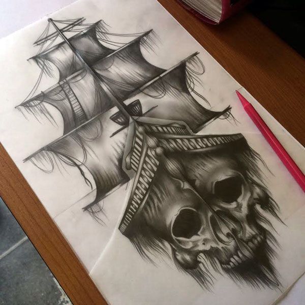 a drawing of a pirate ship with a skull on it