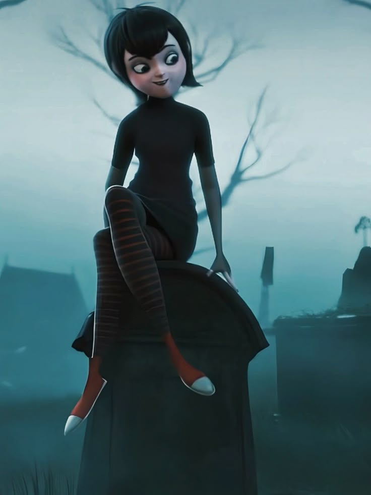 a woman sitting on top of a black chair in the middle of a graveyard with tombstones