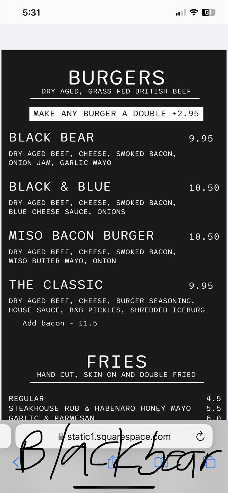 the menu for burgers is shown in black and white