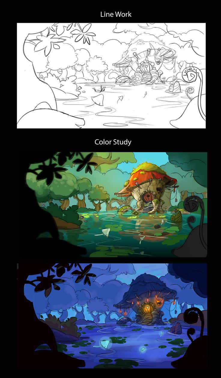 two different views of an animation scene with text that reads line work and color study