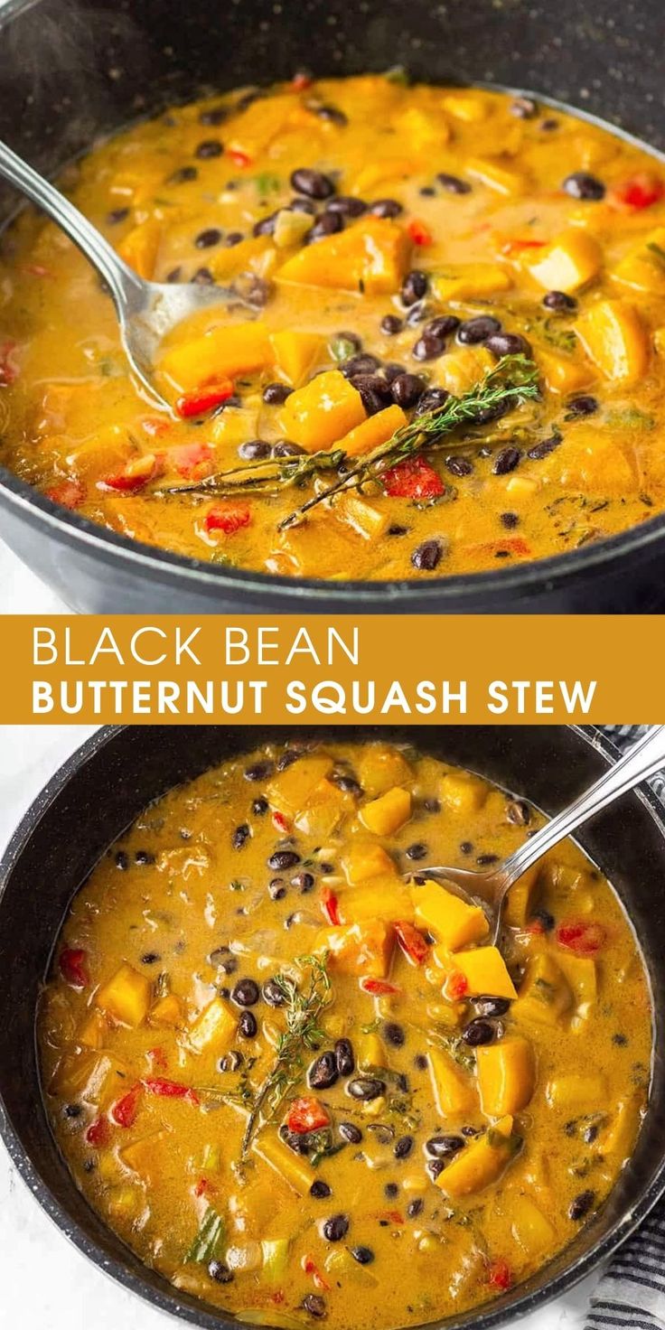 black bean butternut squash stew in a skillet