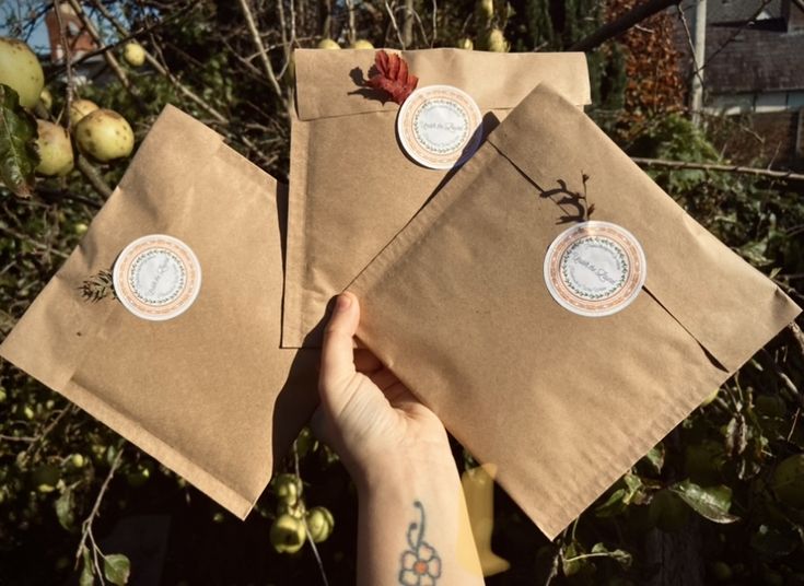 three brown envelopes with stickers on them are held up by someone's hand