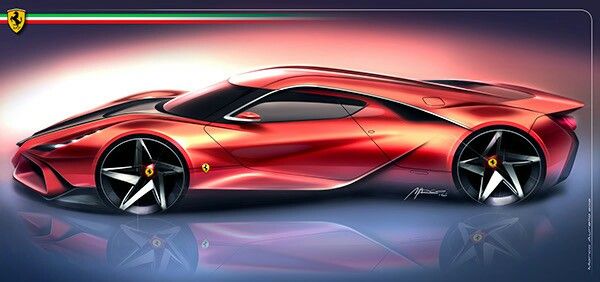 a red sports car is shown in this artistic drawing, it appears to be painted